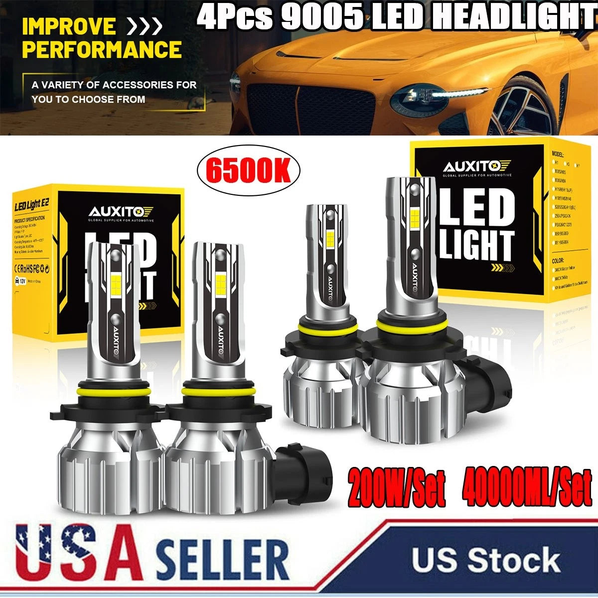 4Pcs 9005 LED Headlight Bulbs Kit 6500K White 40000LM High/Low Beam
