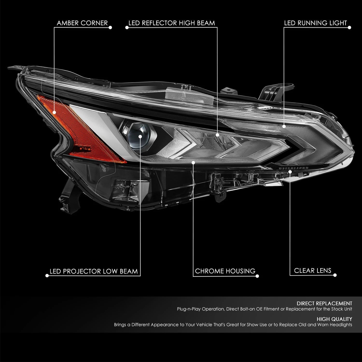 Right Side Chrome Amber LED Projector Headlight for Nissan Altima (2019–2022)