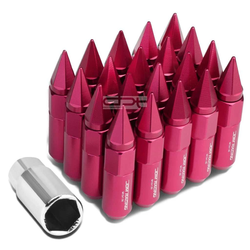 20x M12x1.5 90mm Tall Pink Aluminum Spiked Lug Nuts + Adapter