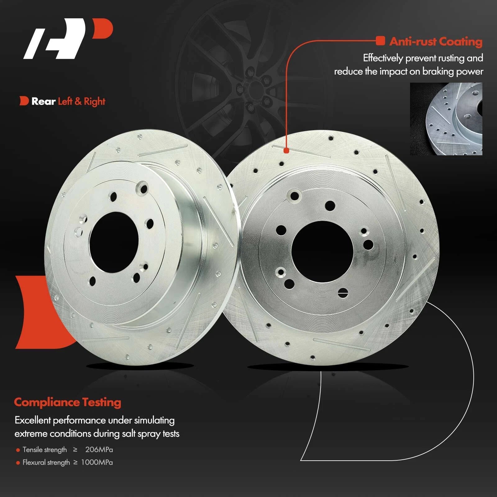 Set of 2 Rear Drilled Brake Rotors & Ceramic Pads for Hyundai Tucson