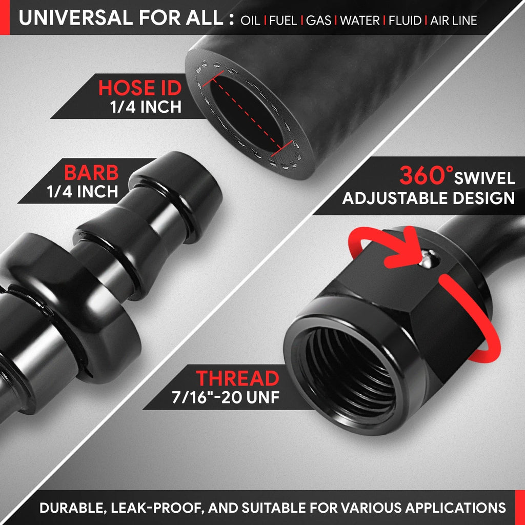 4AN to 1/4" Barb T6061 180° Push Lock Hose End Fittings (Universal)