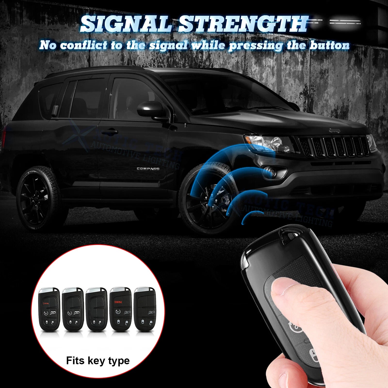Remote Key Fob Shell Case for Dodge Jeep Chrysler (Glossy Black TPU) (2014-2024)