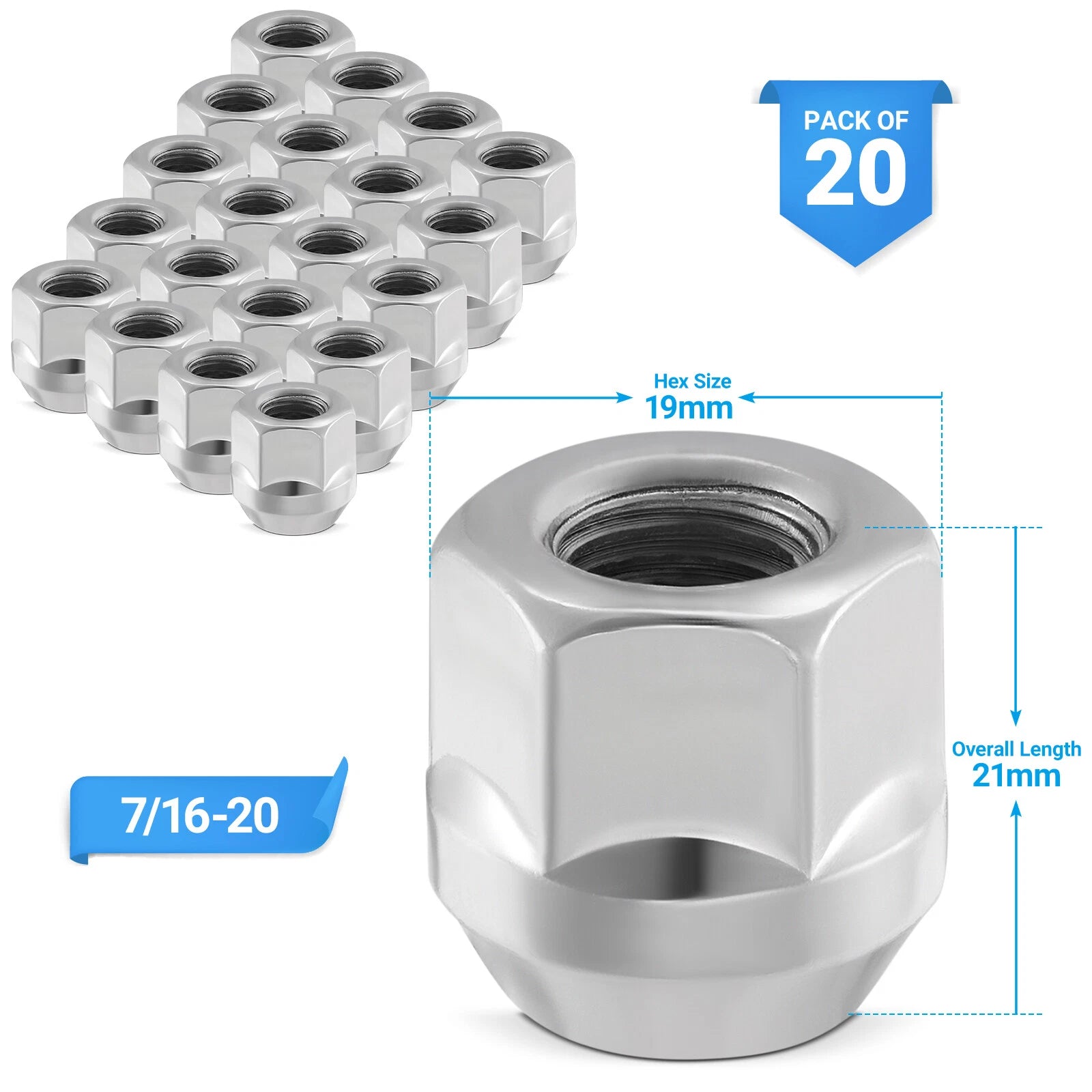 Chrome Acorn Wheel Lug Nuts for Chevrolet Malibu Caprice (20-Pack 7/16-20)