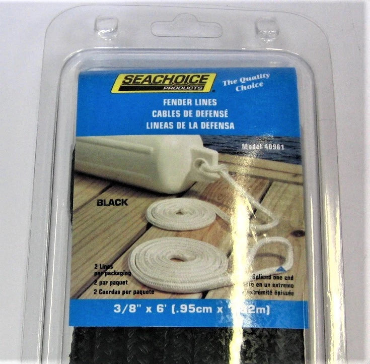 Set of 2 Marine Black Fender Docking Lines 3/8" x 6' - Seachoice 40961