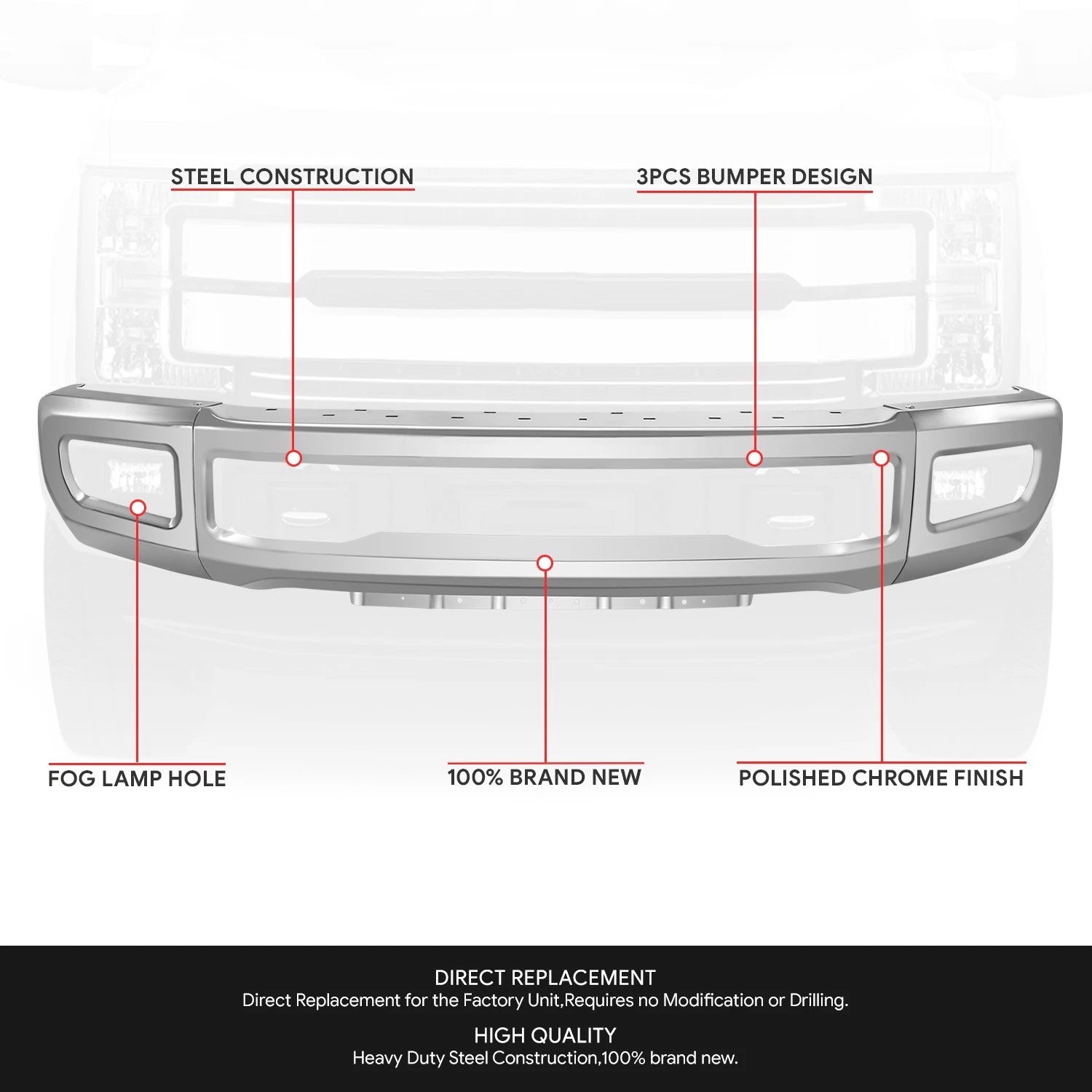 OE Style Chrome Front Bumper for Ford F250 F350 Super Duty (2017–2019)