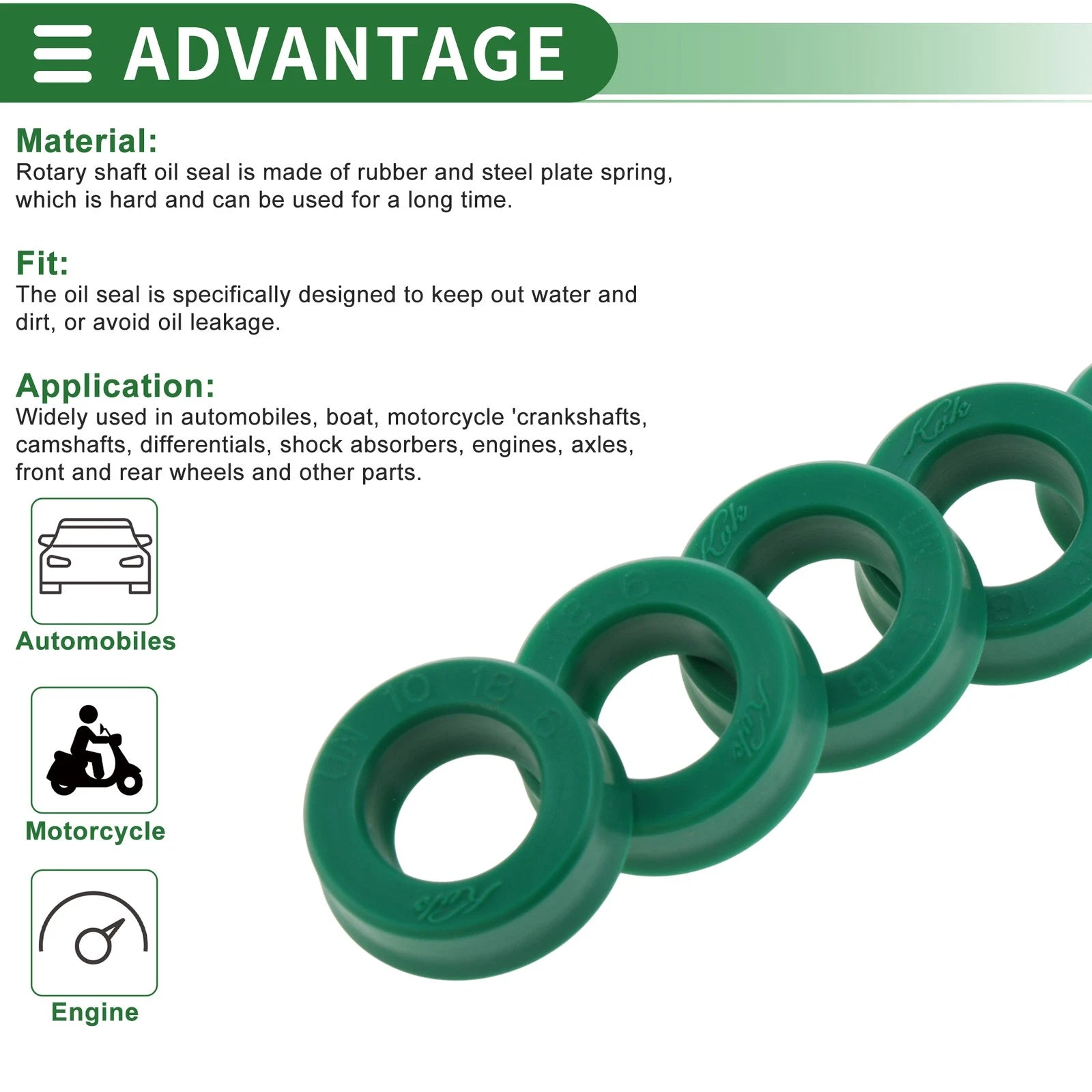 Set of 5 Oil Seal Rotary Shaft Seal 10x18x6mm High Pressure Green