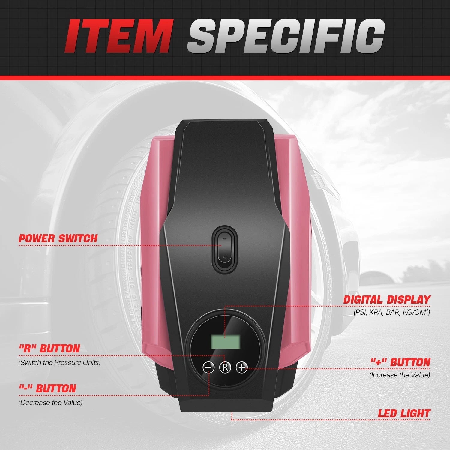LED Tire Inflator for Universal Use (Portable, Auto Shut Off)