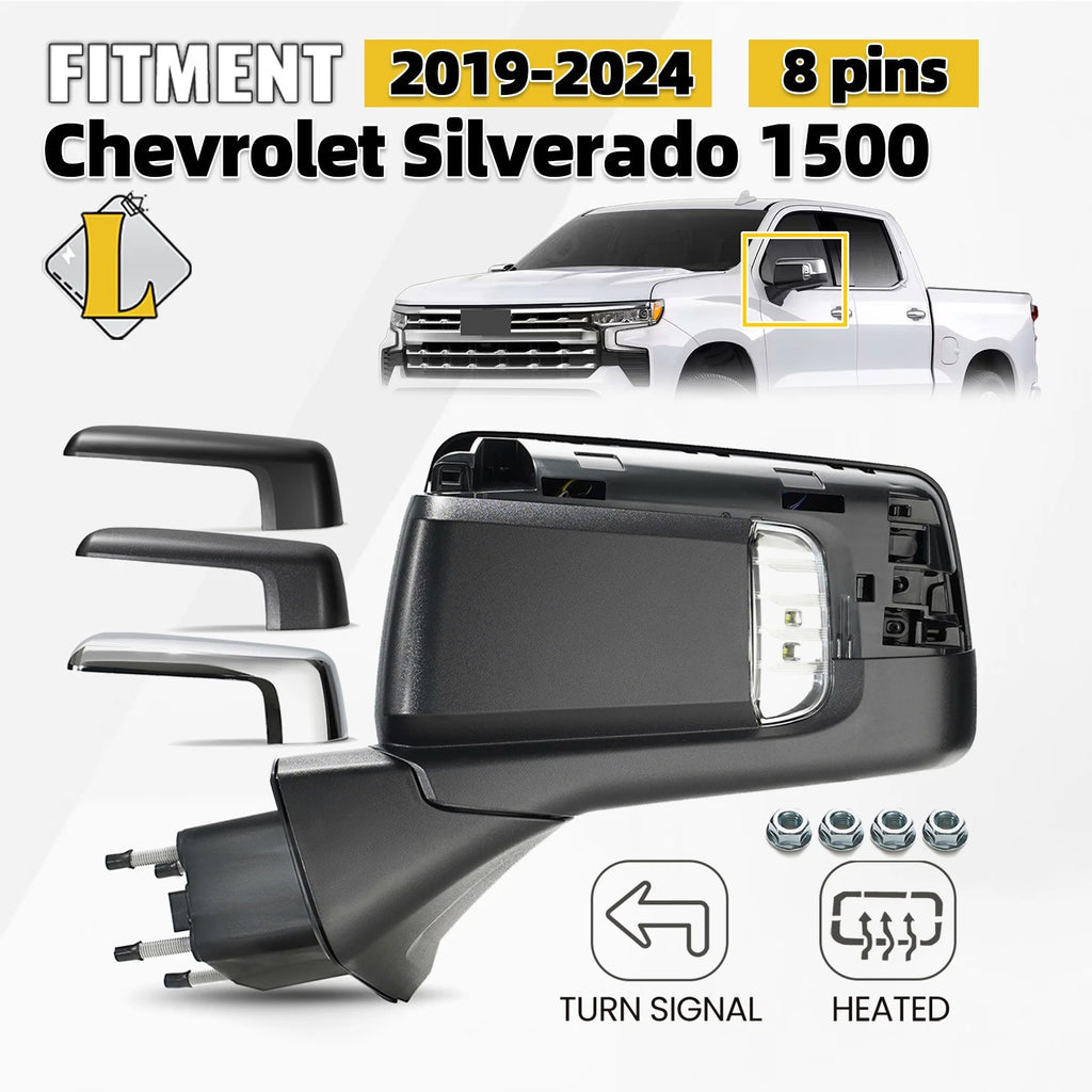 Side Mirror for Chevy Silverado 1500 (2019–2024) W/LED Lamp, Heated, 8 Pins
