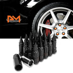20Pc M12X1.5 Black JDM Cone Wheel Lug Nuts + Spline Lock + Spiked Cap