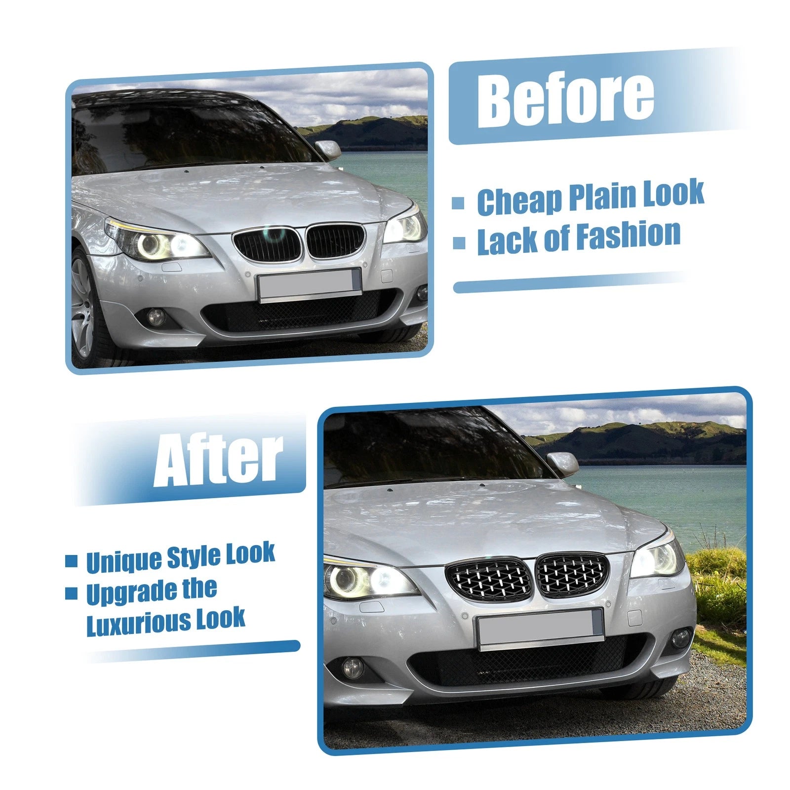 1 Pair Front Hood Bumper Grille Grill Diamond Star for BMW 5 Series (2004–2009)