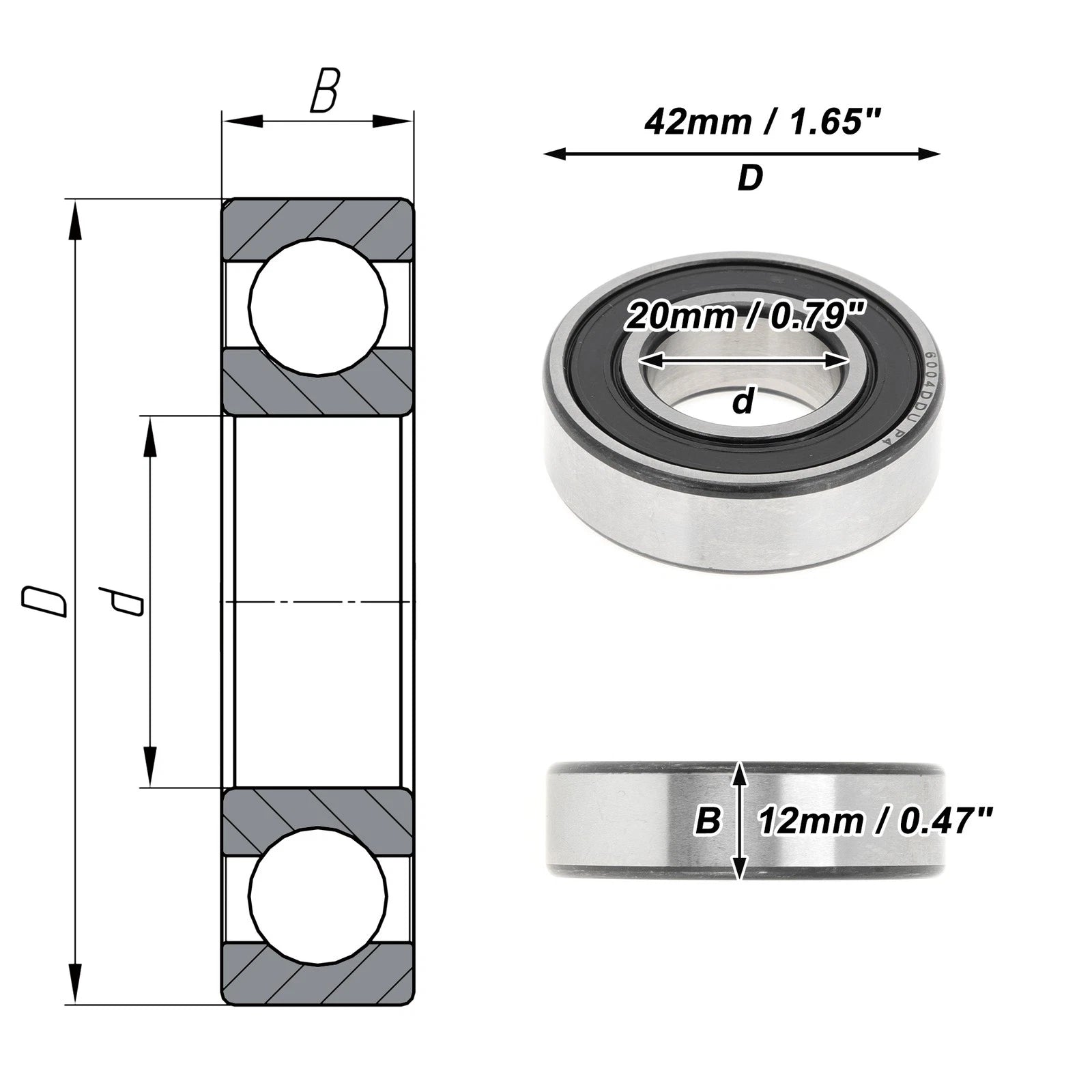 1 Pc 6004DDU Deep Groove Ball Bearing for Scooter Skateboard (20x42x12mm)