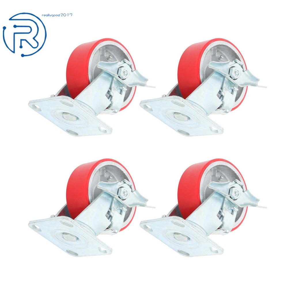 Set of 4 PU Casters 5" with Side Brakes 3200lbs Capacity