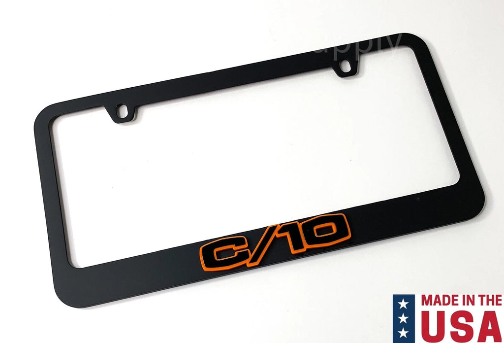 Matte Black License Plate Frame w Orange Outline Script for Chevy C10 (1960–1972)