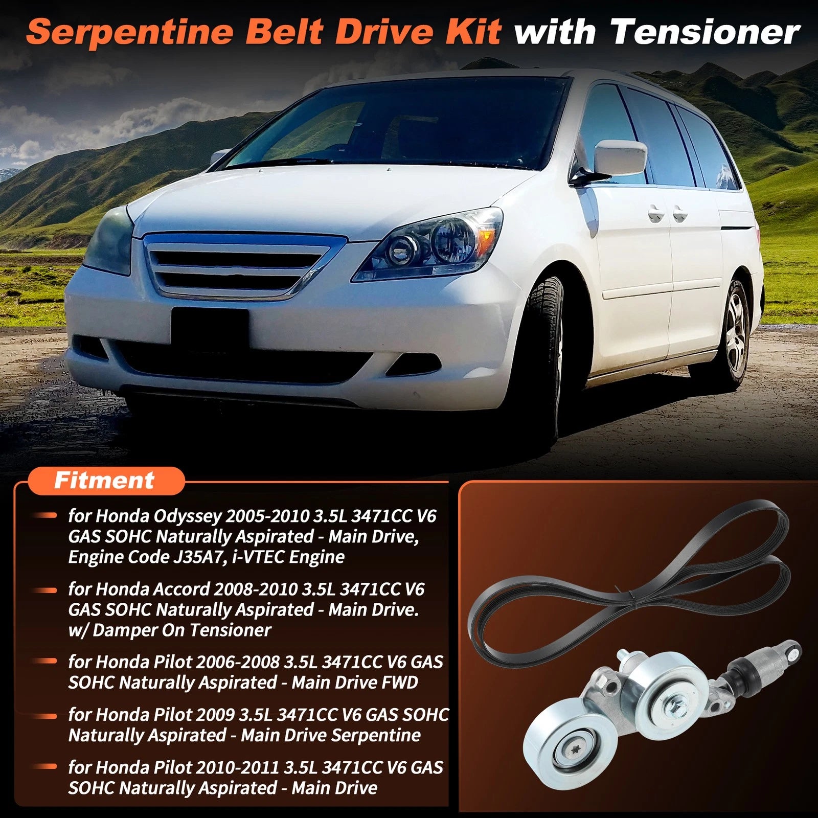 Drive Belt Tensioner Kit with Belt for Honda Accord Odyssey Pilot (2003–2017)