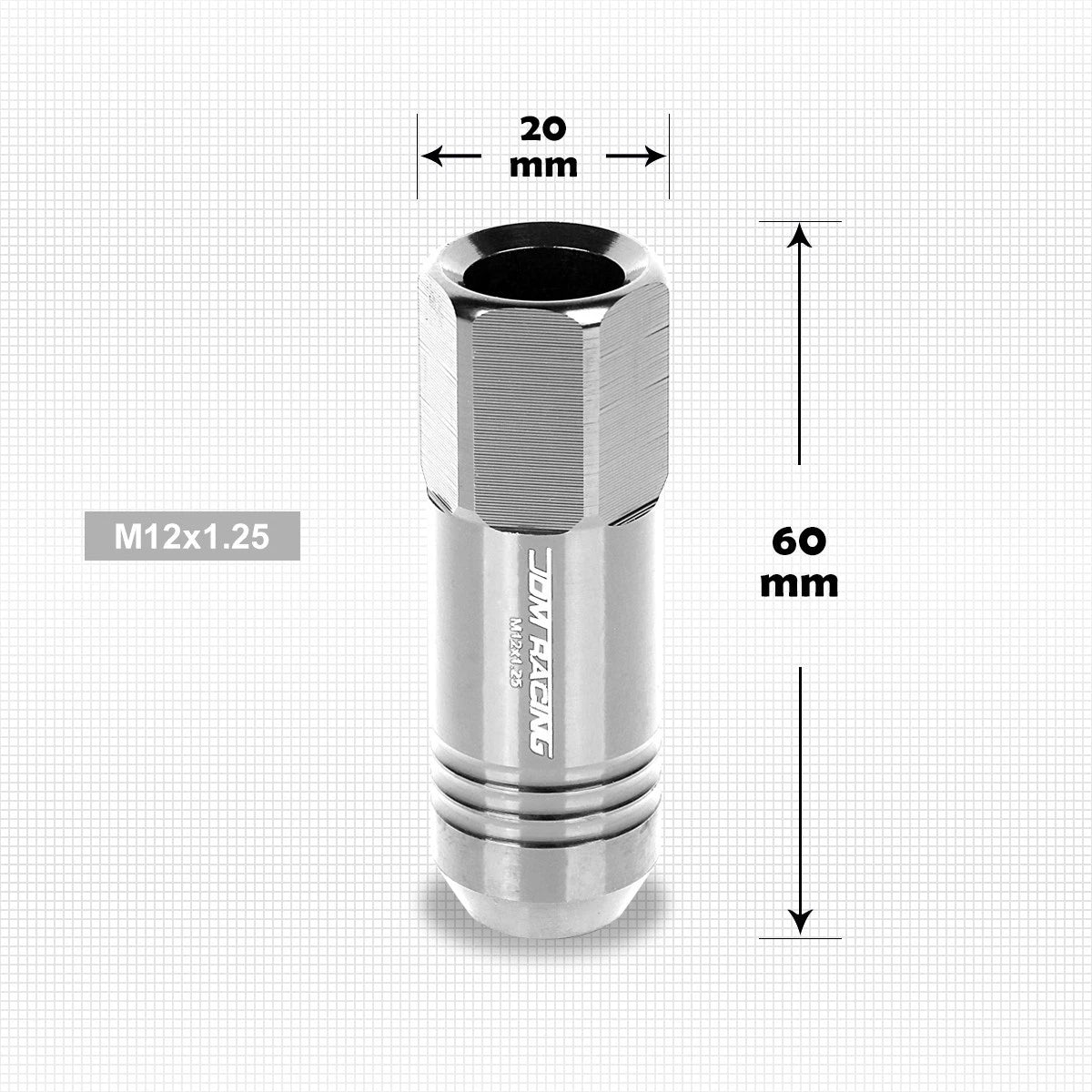 Set of 20 M12X1.25 Silver JDM Open End Conical Hex Wheel Lug Nuts + 20mm Extension