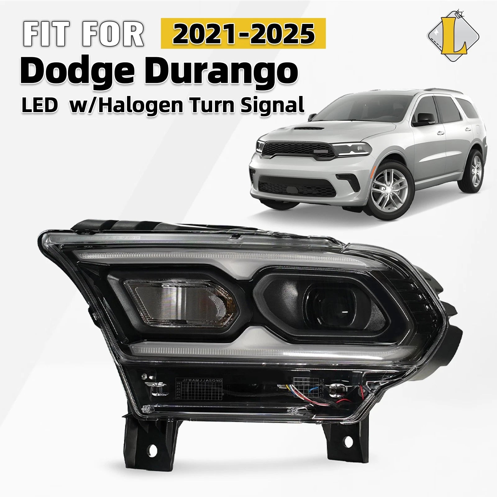 LED Headlight Driver Left for Dodge Durango (2021–2025) - Black, Halogen Signal