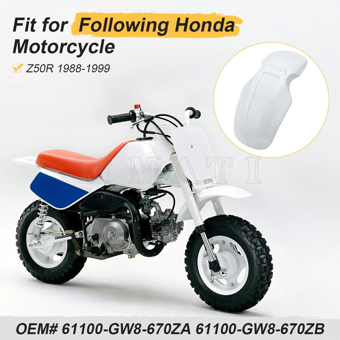 White Front Fender for Honda Z50R Z50 R (1988–1999) 61100-GW8-670ZA