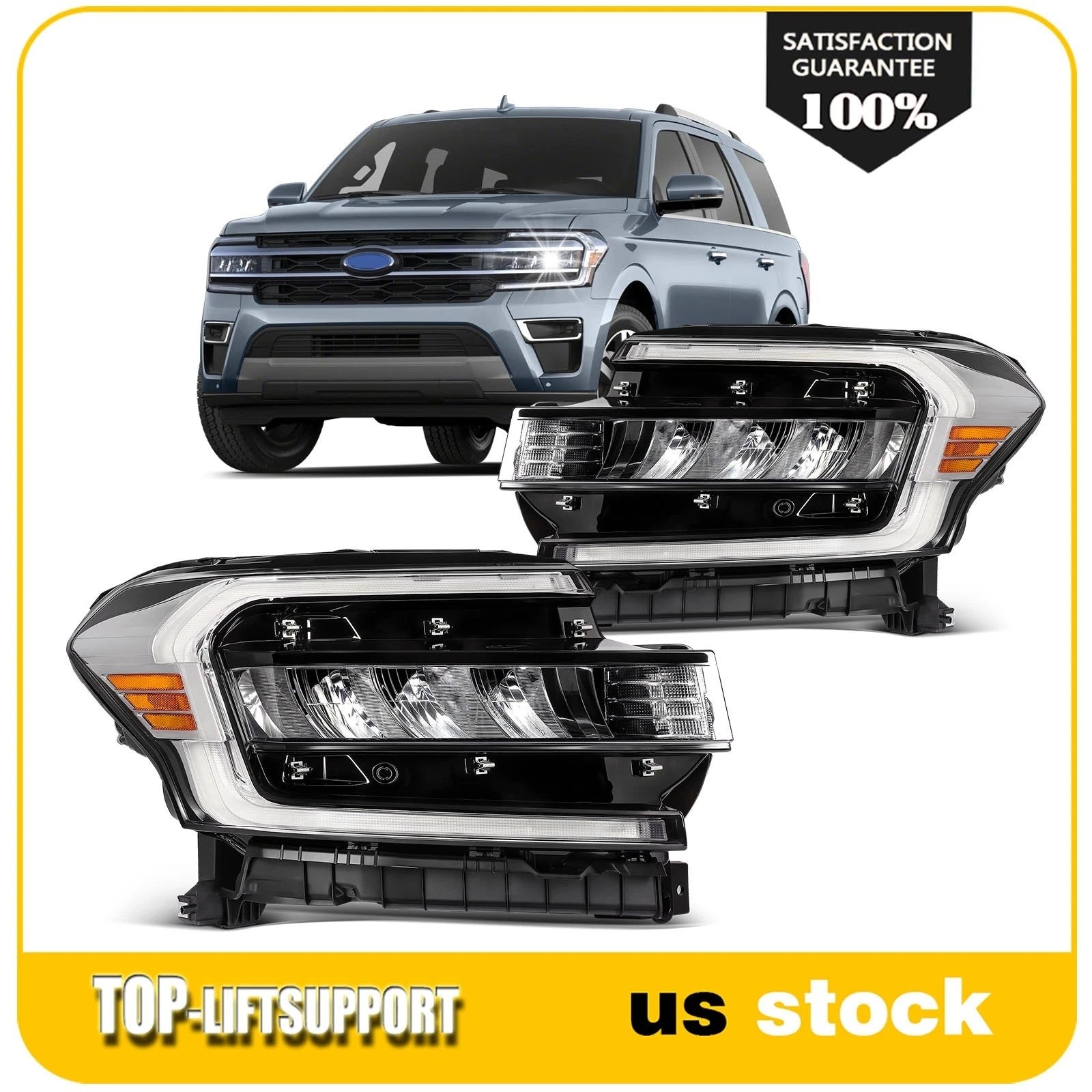 Pair Full LED DRL Chrome Headlight Assembly for Ford Expedition (2022–2024)