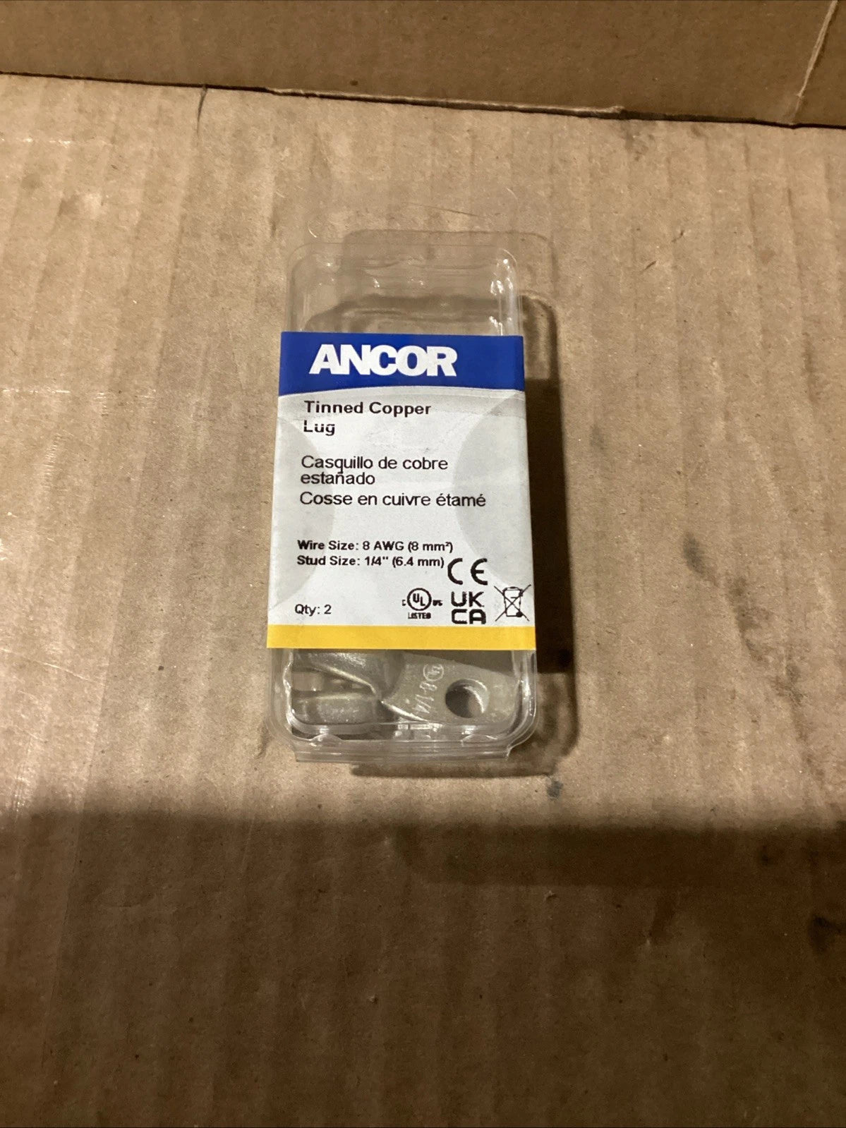 Set of 2 Ancor 252234 8 AWG Tinned Copper Lugs for 1/4" Stud Size