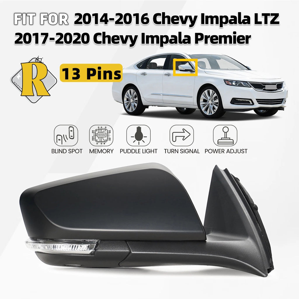 Right Side Mirror for Chevy Impala (2014–2020) w/BSD, Memory, Turn Signal, 13 Pins