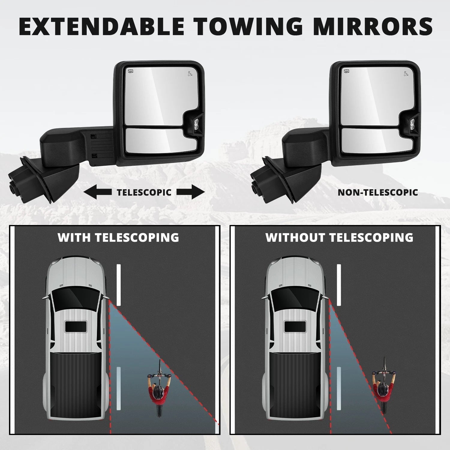 Tow Mirrors for Chevy Silverado 1500 LTD (2019–2025) - Black, Blind Spot Monitoring