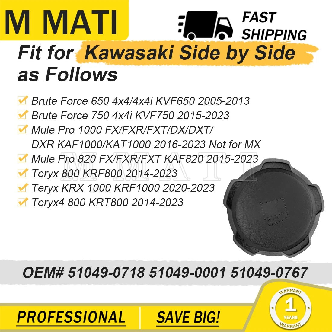 Gas Fuel Cap 51049-0718 for Kawasaki Mule PRO Teryx 800 Brute Force 750 650 (2015–2021)