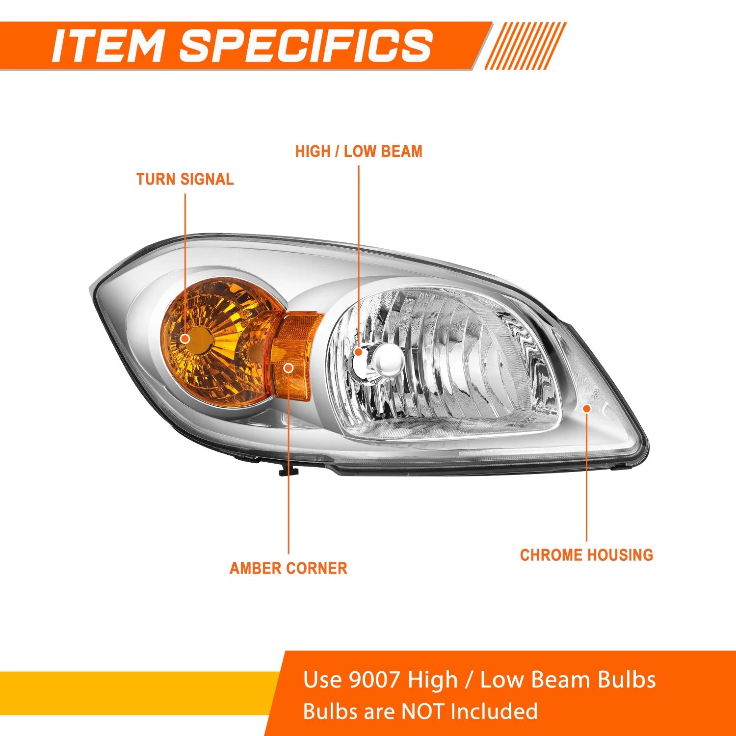 Set of 2 Chrome Housing Amber Side Headlight/Lamp for Chevy Cobalt (2005–2010)