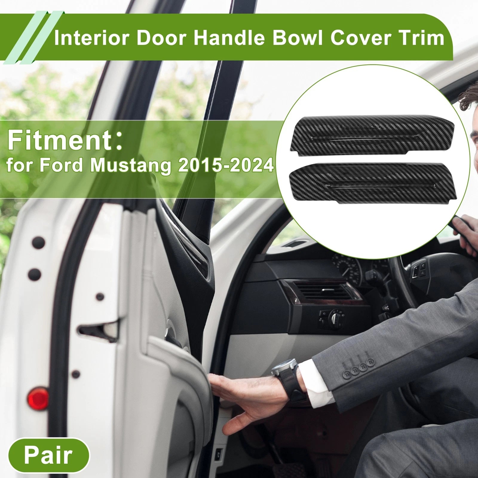 Interior Door Handle Bowl Cover Trim for Ford Mustang (Carbon Fiber, Black)