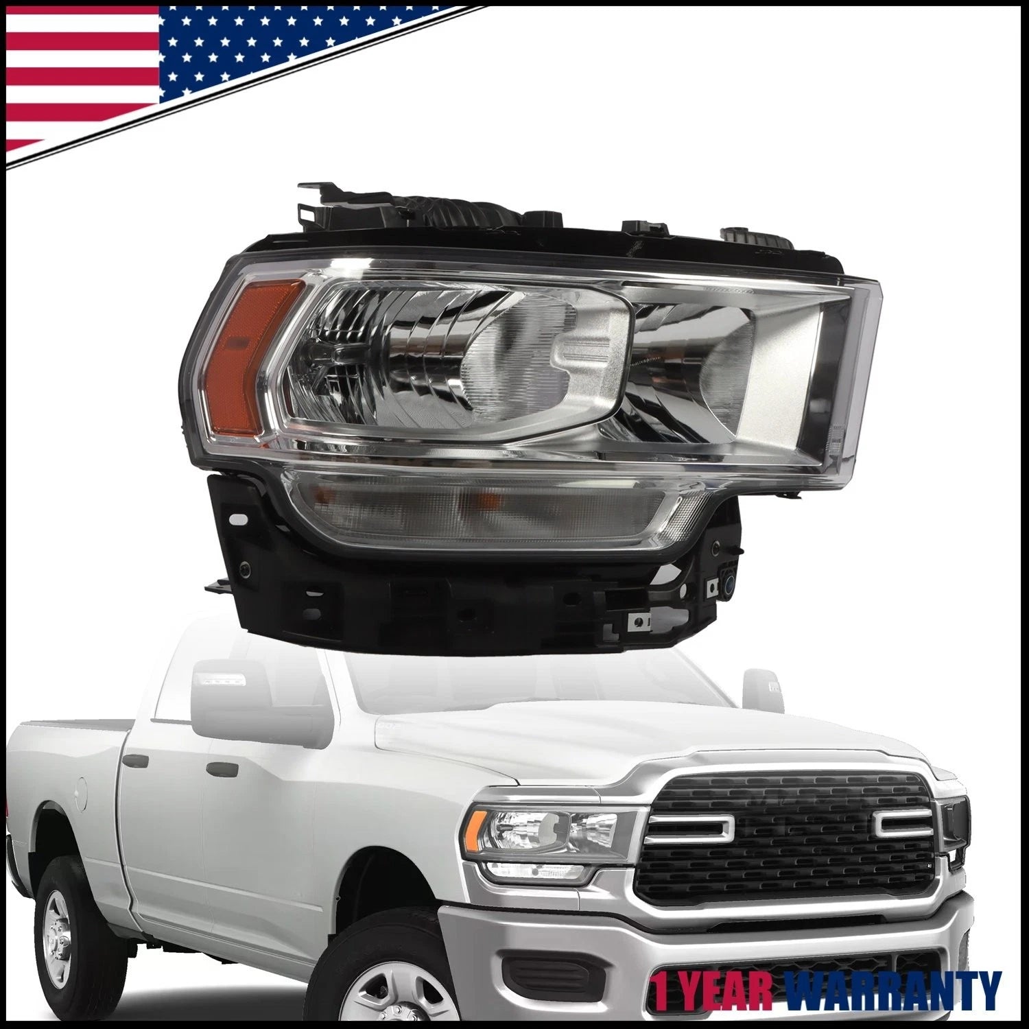Headlight Halogen Chrome Passenger Side for Ram 2500 3500 (2019–2024)