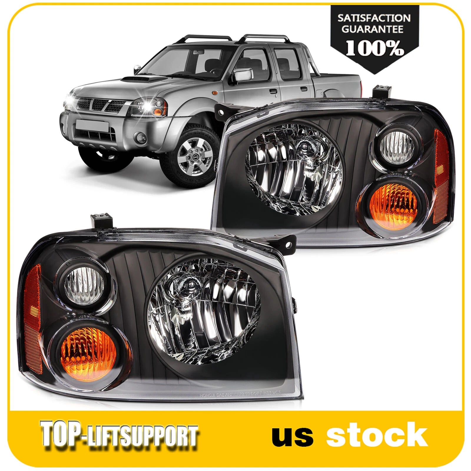 Set of 2 Headlight Assemblies for Nissan Frontier (2001–2004) Black Housing