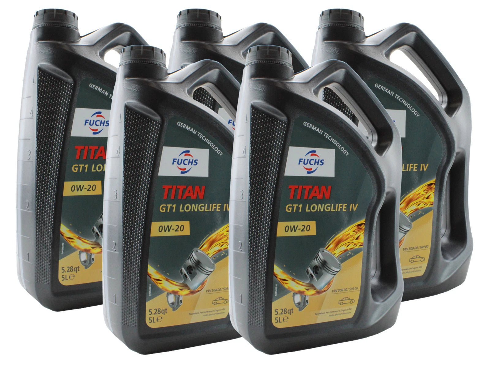 Set of 5 Fuchs Titan GT1 Longlife IV SAE 0W-20 Engine Oil for Audi VW