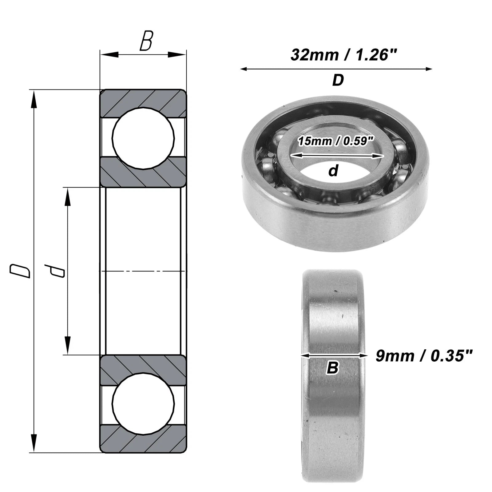 Set of 2 Deep Groove Ball Bearings 15x32x9mm for Automotive Applications