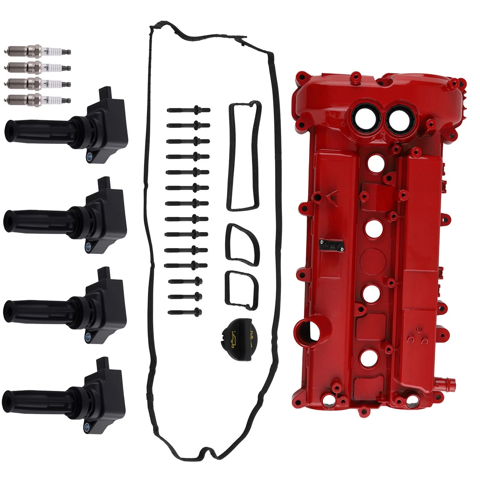 Red Valve Cover + 4 Coils for Ford Edge Taurus 2.0L (2012–2018)