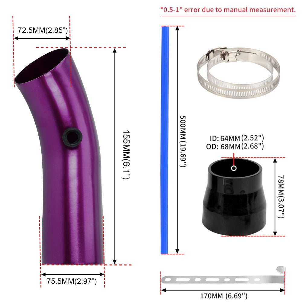 76mm Aluminum Cold Air Intake Pipe for Universal Fit