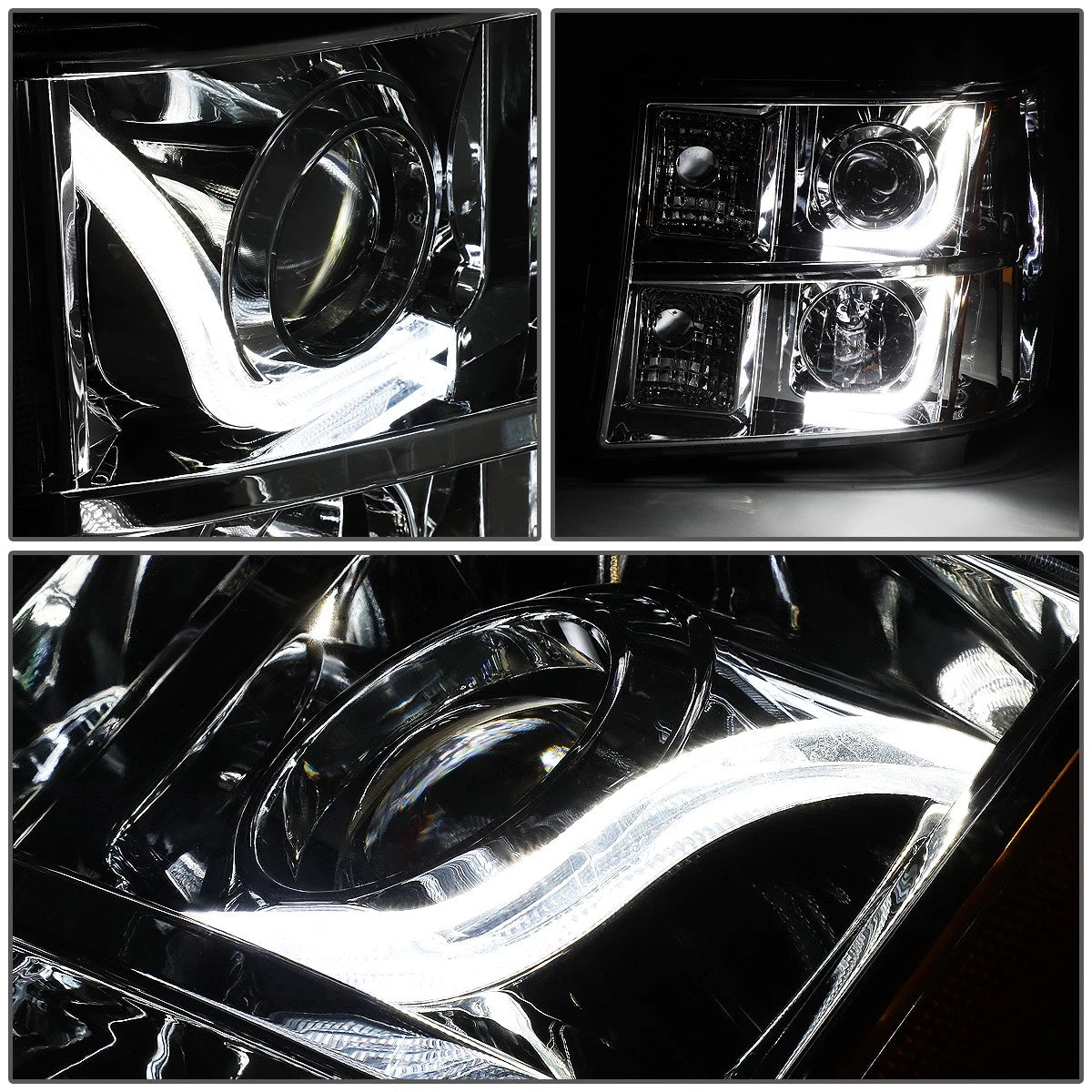 Chrome Amber Signal 3D LED Bar Projector Headlights for GMC Sierra (2007–2014)