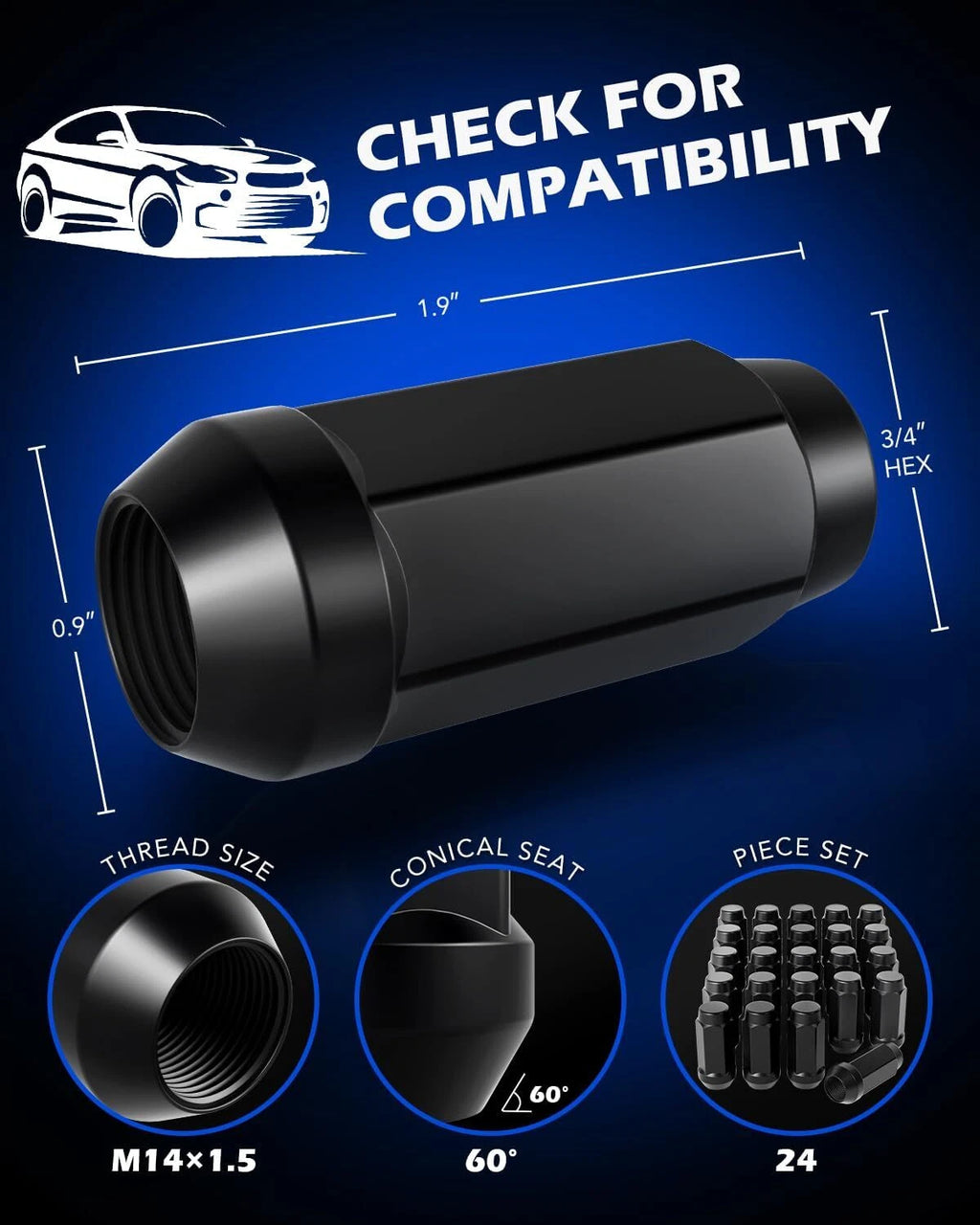 24x Black Bulge Acorn Lug Nut for Chevrolet Silverado