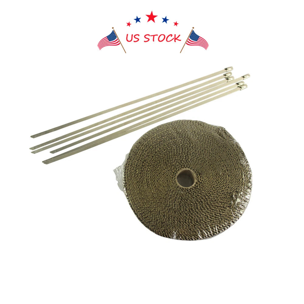 6 Ties Kit 1" x 50ft Titanium Exhaust Heat Wrap Tape for Automotive Use