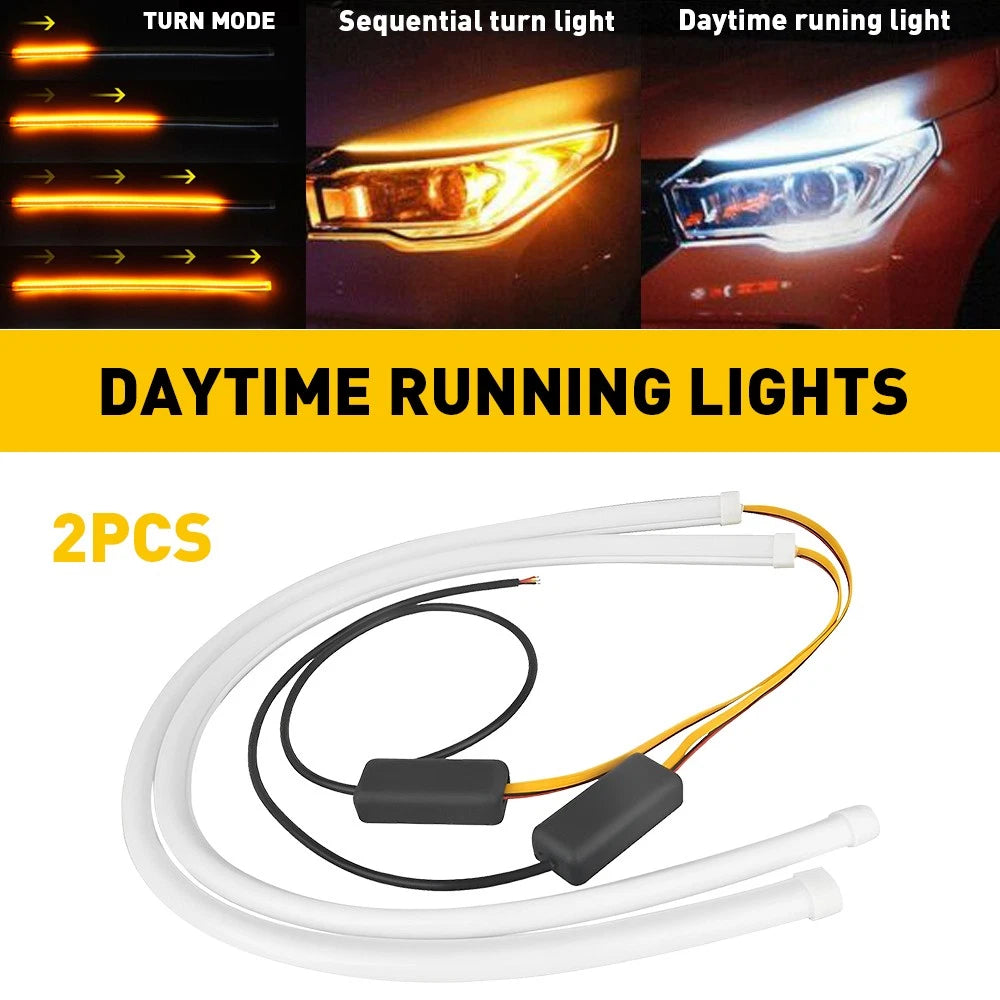 2X LED Switchback Headlight Tube DRL Light for Universal Vehicles 