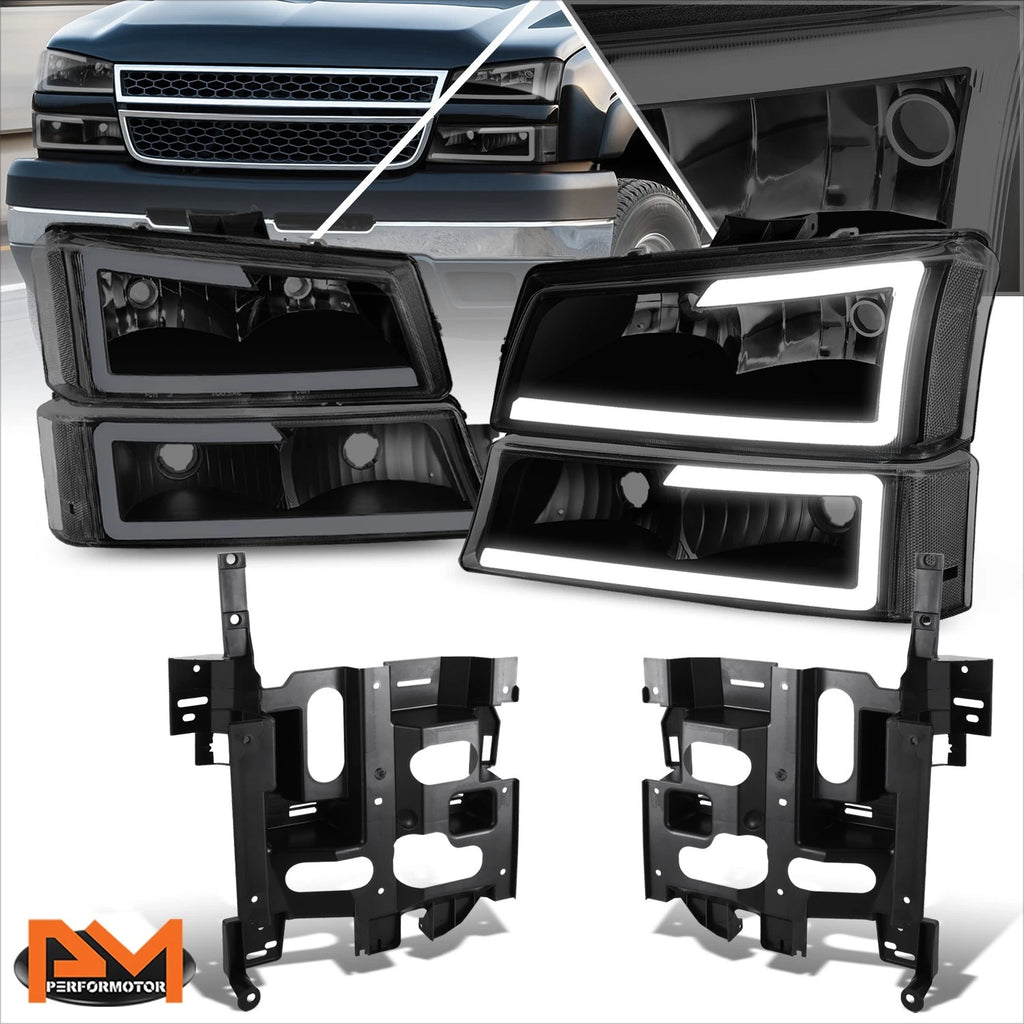 LED DRL Smoked Lens Headlights/Lamps + Bracket for Chevy Avalanche Silverado (2003–2007)