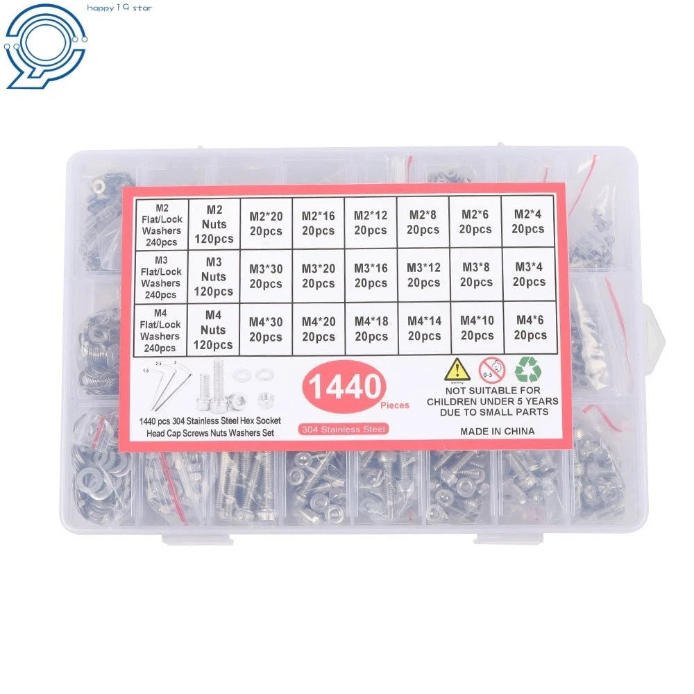 Set of 1440 Metric Bolts with Nuts 304 Stainless Steel Hex Socket M2 M3 M4