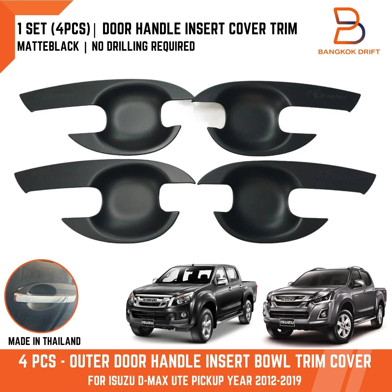 Matte Black 4 Door Handle Cover Insert for Isuzu D-Max Ute (2012-2019)
