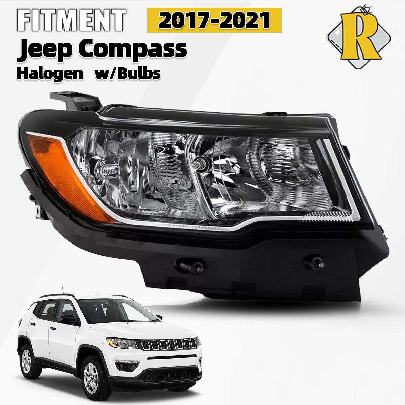 Halogen Headlight for Jeep Compass (2017–2021) Right Passenger Chrome 55112706AF