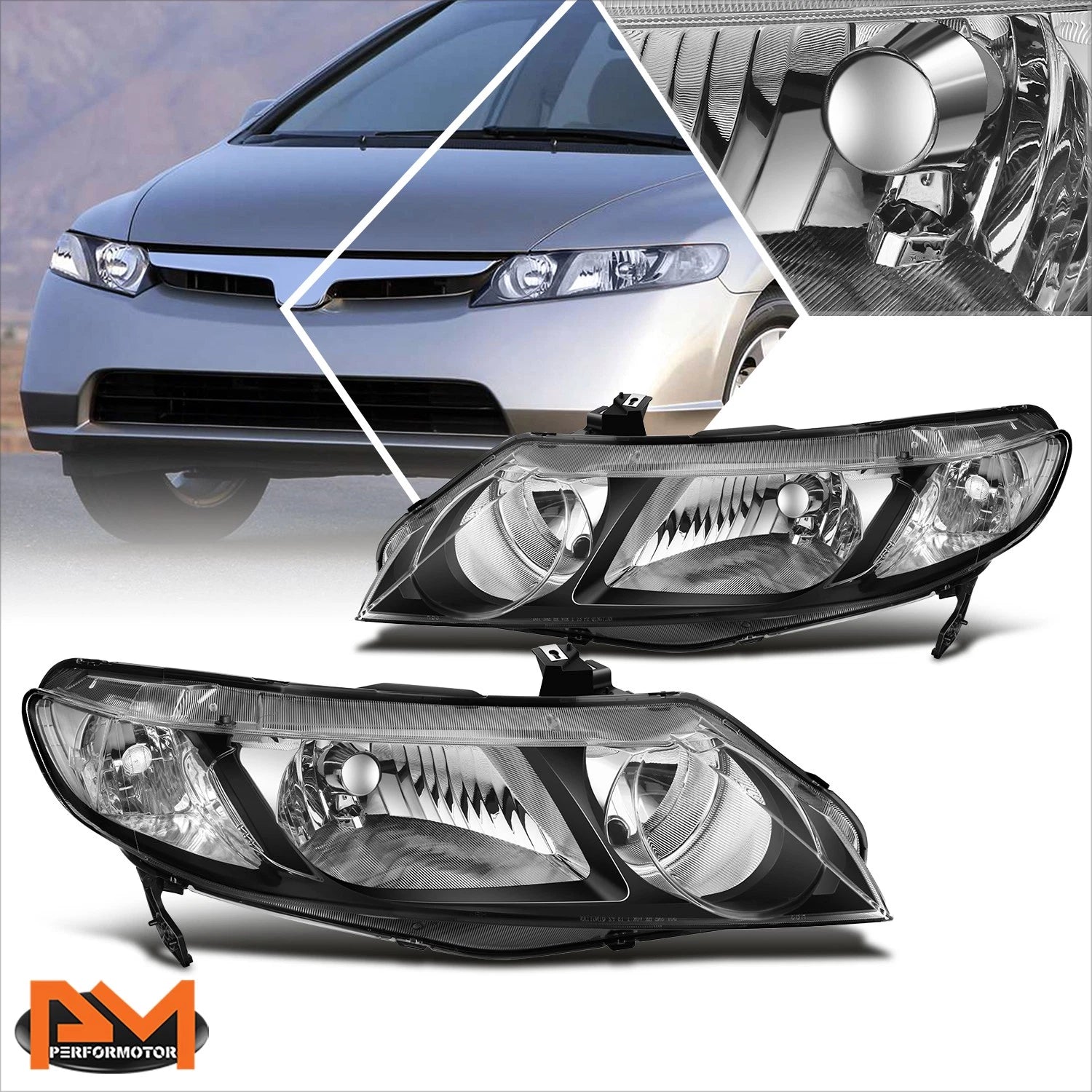 Headlight Set for Honda Civic Sedan (2006–2011) Black Housing Clear Corner