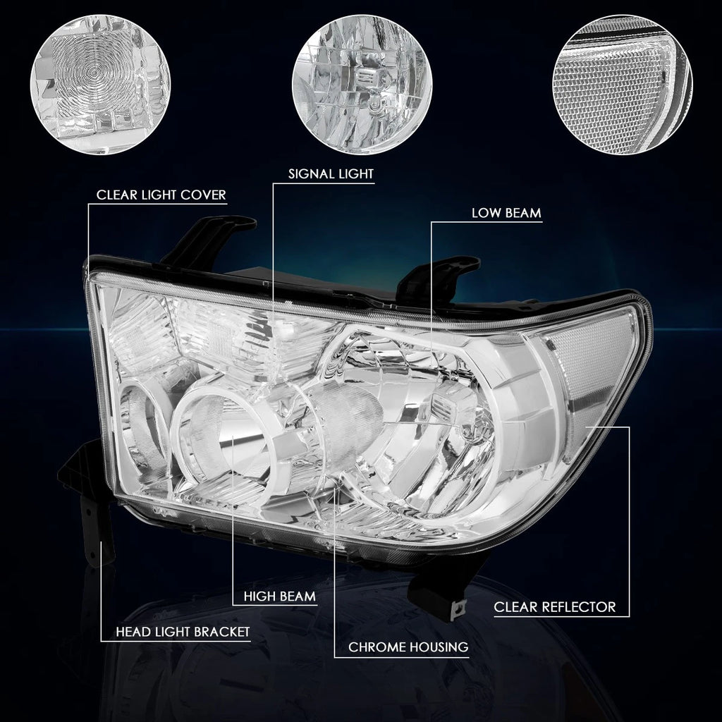 Headlight Lamps for Toyota Sequoia/Tundra (2008–2017) Chrome Housing Clear Corner