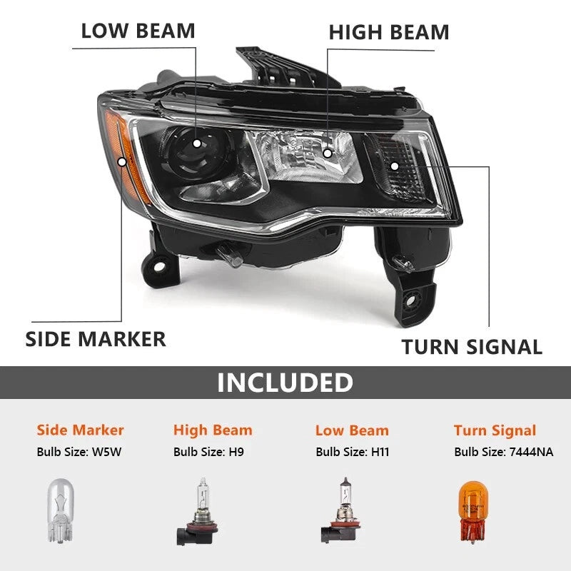 Halogen Chrome Headlight for Jeep Grand Cherokee (2017–2022) W/Bulb, Right