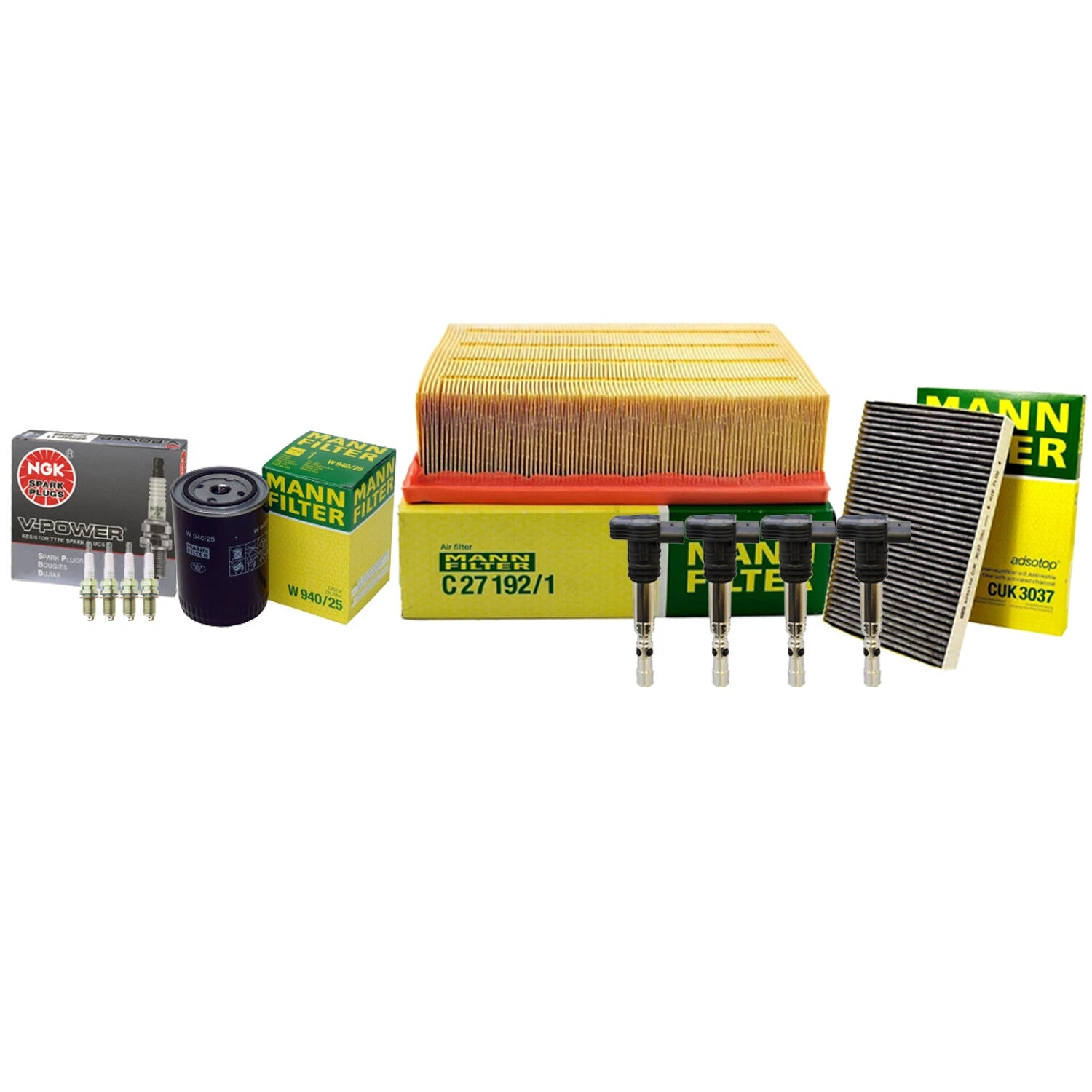 Tune Up Kit: 4 Mann Filters, 4 Denso Coils, 4 NGK V-Power Spark Plugs for Audi A4 (1996–2001)