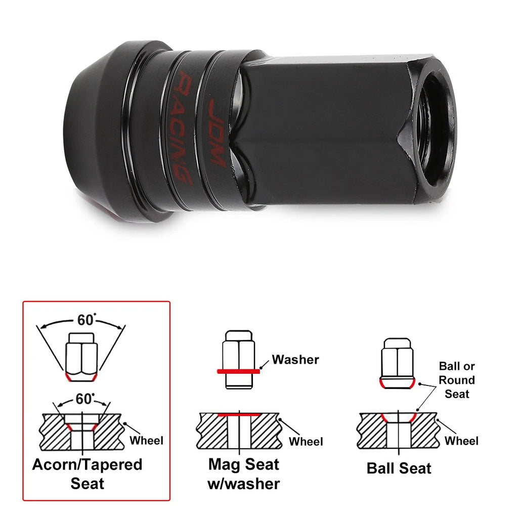 Set of 20 M12X1.25 Black JDM Open End Lug Nuts with Spline Locks and Key