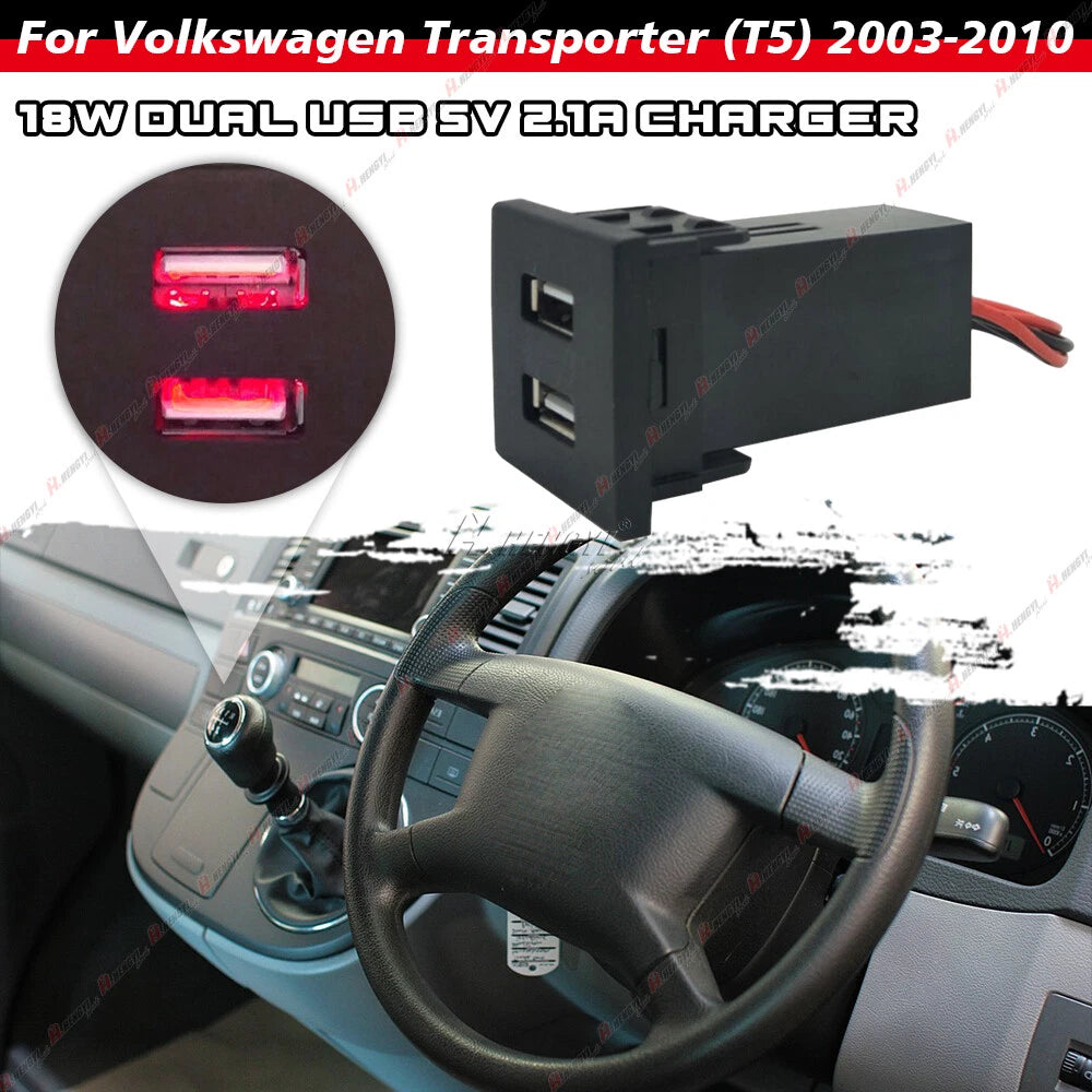 LED USB-A 5V 2.1A Fast Charger Upgrade Kit for Transporter T5 (2003–2010)