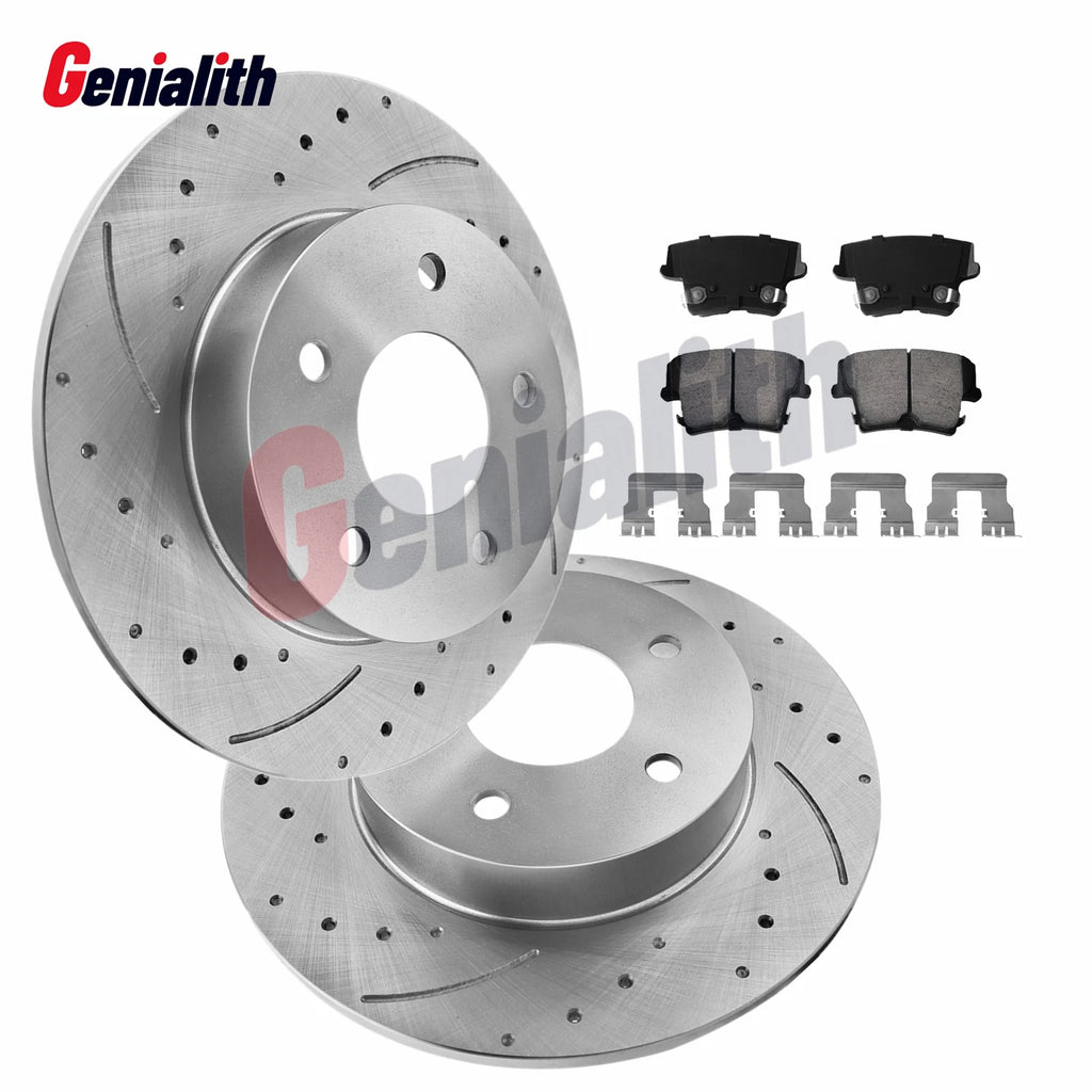 Set of 2 Rear Drilled Rotors + Brake Pads for Dodge Challenger Charger Magnum (2006–2023)
