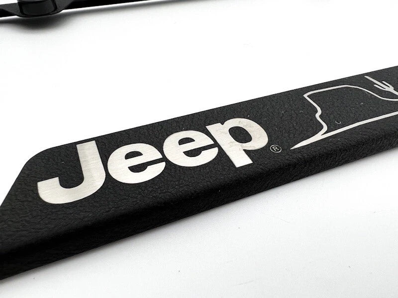 License Plate Frame Rugged Black Stainless with Jeep Script for Jeep Wrangler (2018–2024)